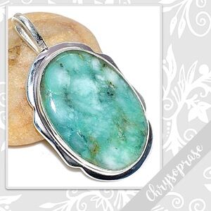 Chrysoprase Large Eclectic Silver Artisan Pendant 2” Mint Green /Teal Blue-Green